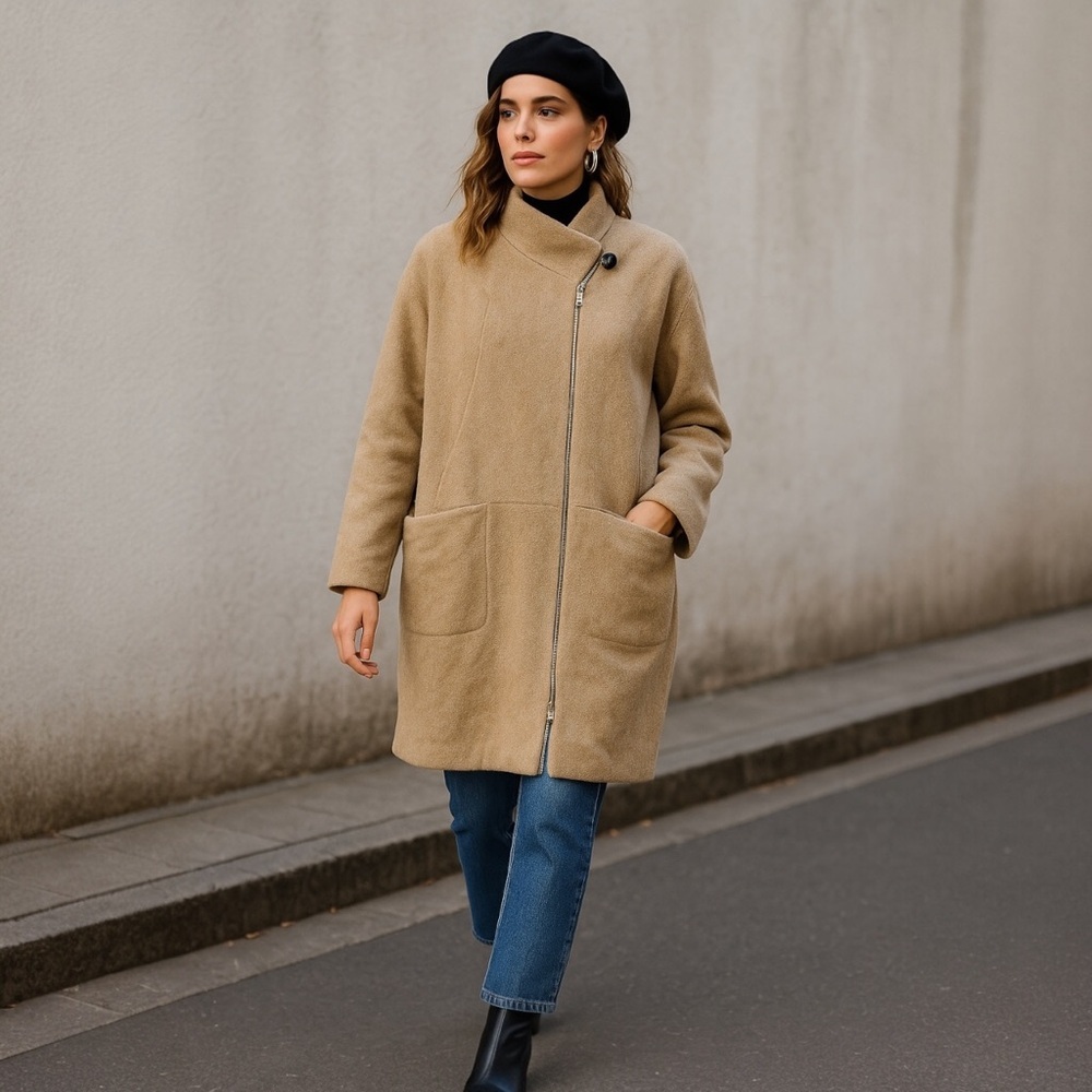 CHAUS Wool/Alpaca Blend Oversized Tan‎ Asymmetrical Zip Coat Size 8 Minimalist